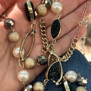 Black Drewsey pearl crystal necklace gold accents